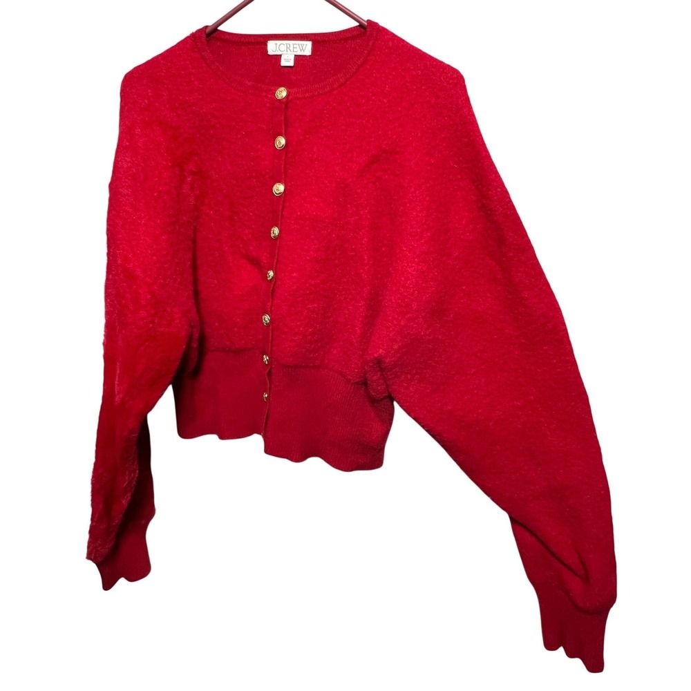 J.Crew Womens Cardigan Sweater Gold Crest Button Large Red Cropped Knit Top